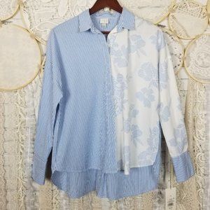 A New Day Blue Stripe Floral Button Down Shirt Sm